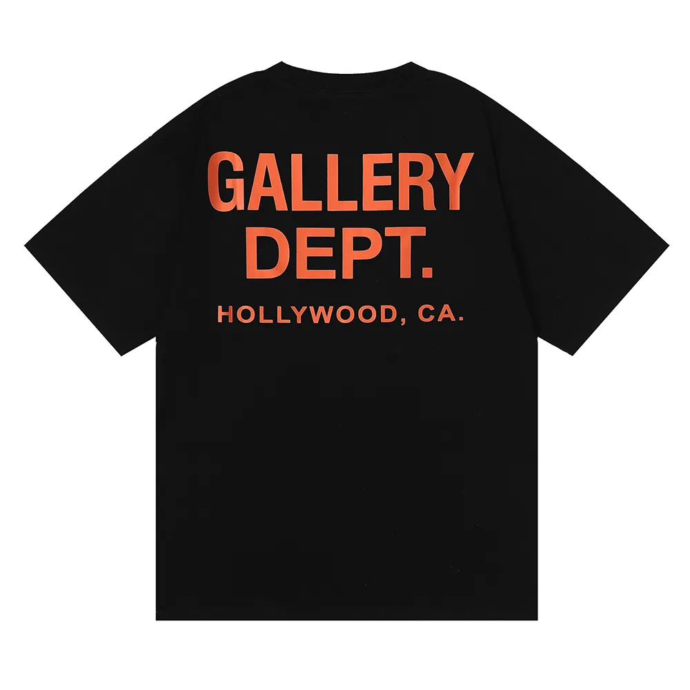 No. 6031, batch 96, American trendy brand GALLERY DEPT classic Hollywood letter print high-quality double yarn pure cotton short-sleeved T-shirt for men and women. Selected 230g 32 count smooth double yarn fabric, fine workmanship and excellent quality! The fit is loose and super comfortable to wear, and the size is 2 sizes larger than the normal domestic size.  Color: white; black, yellow, blue Size: S M L Length 78cm, bust 124cm, shoulder width 55cm, sleeve length 25cm.